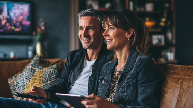 Couple watching television together on a sofa in their living room at home