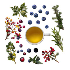 Aromatic tea surrounded by colorful berries and leaves
