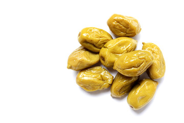 Pickled olives with a salty and slightly sour taste.