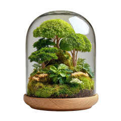 Glass terrarium with miniature trees and moss