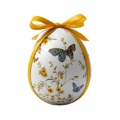 An Easter egg adorned with floral designs and butterflies, tied with a yellow ribbon, showcasing spring and holiday charm.