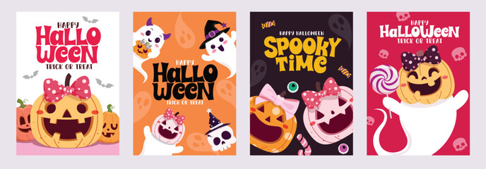 Fototapeta premium Happy Halloween Trick or Treat greeting text clipart poster set. Cute and funny spooky Halloween characters clip art invitation card collection with happy, scary, creepy and skittish character faces 