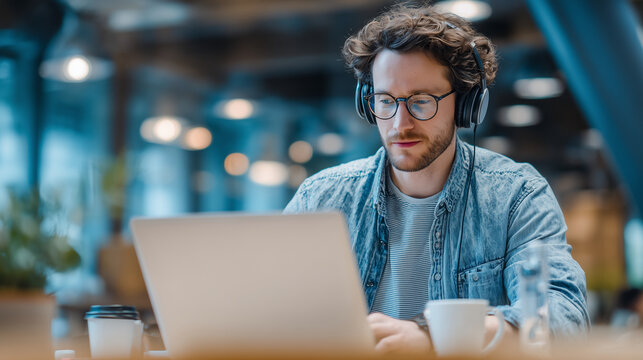 Man with headphones working on a laptop in a cafe with coffee and water bottle