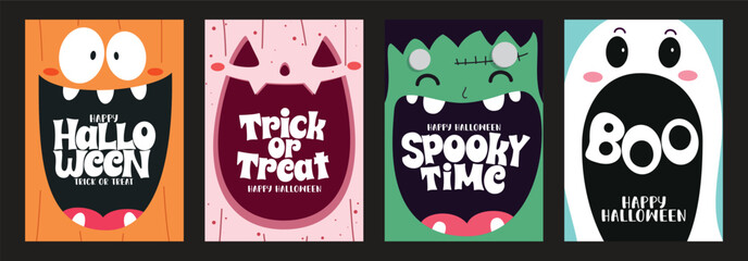 Halloween faces clipart poster set. Happy Halloween and trick or Treat greeting in abstract cute faces clip art like monster, pumpkin and ghost spooky characters colorful invitation card poster design