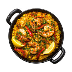 Authentic paella with shrimp, red peppers, and lemon wedges, served in a black paella pan, top view, studio shot.

