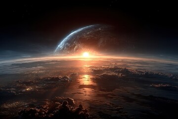 Earth from space at sunrise displays the atmosphere, clouds, and stars from a unique perspective in the early morning