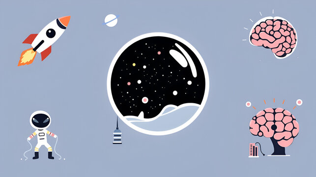 Space exploration icons: rocket, alien, astronaut, robot, galaxy, city, brain.