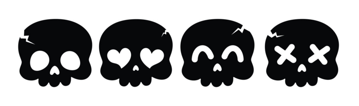 Skull silhouette icon clipart set. Halloween Skull silhouette clip art in spooky, scary, funny and cute faces collection black human bone symbol for traditional Halloween party decoration vector 