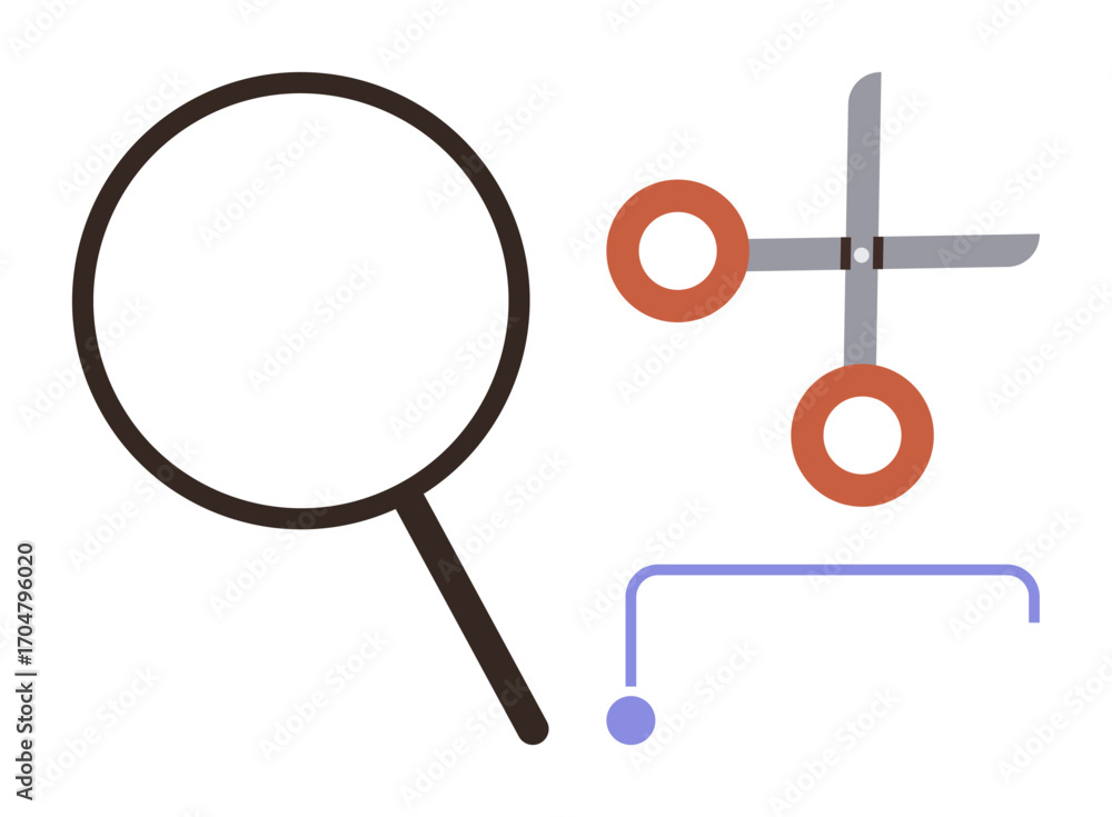 Poster magnifying glass combined with scissors and bracket line conveys analysis, problem-solving, editing,