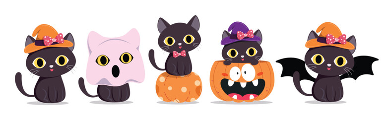 Fototapeta premium Kitten Halloween character clipart set. Black cat, bat, ghost and pumpkin Halloween character clip art collection with happy, funny, cute and creepy faces vector illustration. 