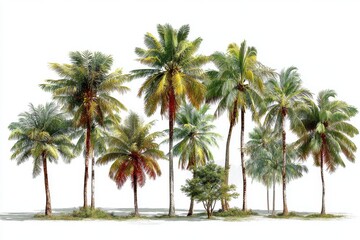 Lush coconut palm trees stand tall on a tropical landscape against a bright sunny sky, basking in the warm daytime sunlight