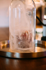 Preparing alcoholic beverage. Pub glassware. Cocktail covered with transparent dome on bar counter. Smoking gun device for flavor.