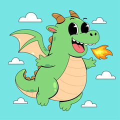 Cute Green Dragon Breathing Fire in the Sky