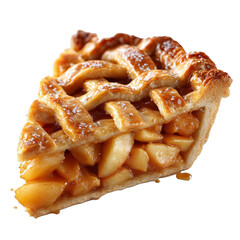 A close-up of a slice of apple pie with a lattice crust, showing the apple filling and flaky pastry.