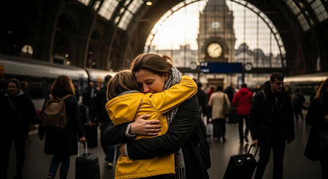 Warm Embrace in a Crowded Train Station