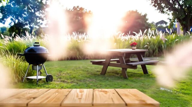 Backyard grill setup in sunlit grassy area