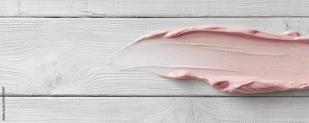 Poster a smooth application of light pink cream on a textured white wooden surface, creating a soft and inv