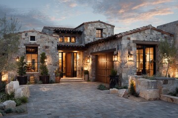 Exterior view of modern farmhouse home with stone and siding at dusk in salt lake city, utah, with lights on and landscaping