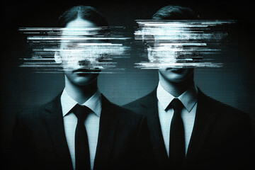 Two businessmen with glitch distorted faces digital identity concept
