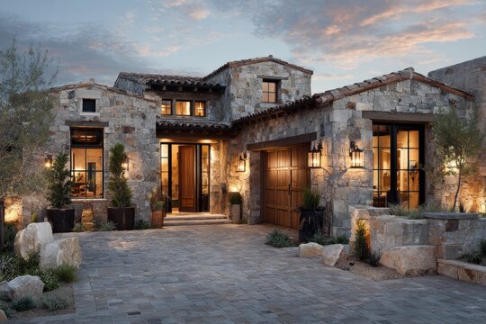 Exterior view of modern farmhouse home with stone and siding at dusk in salt lake city, utah, with lights on and landscaping