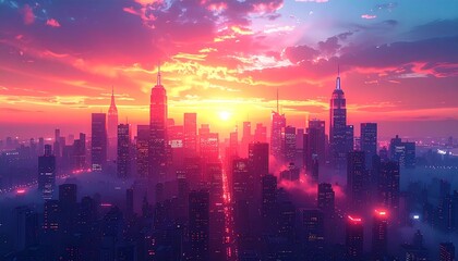 Fototapeta premium 夕日をバックにした都会のイラスト