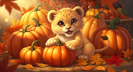 A whimsical illustration of a cute lion cub surrounded by vibrant orange pumpkins, autumn leaves, and berries, evoking a cozy fall harvest or Halloween scene.