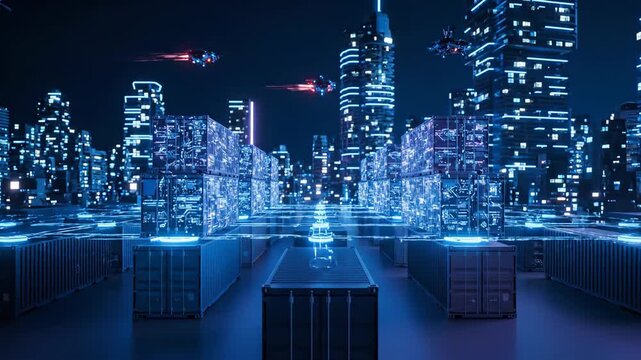 Futuristic Digital Cityscape with Neon Lights, Shipping Containers as Network Nodes, and Drones Showcasing Advanced Trade in High Tech Urban Environment