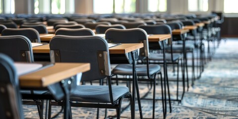 Empty classroom with rows of desks and chairs, wooden tables, and a carpeted floor.