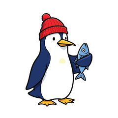A cute cartoon penguin wearing a red knitted beanie hat and holding a blue fish.
