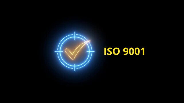 Motion graphics of ISO icons. ISO 9001 Quality Management System Concept on the black background. representing certification standards, business excellence, ISO certified, standardization