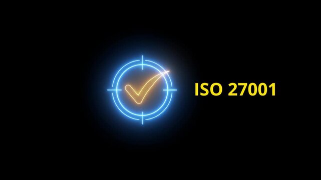 Motion graphics of ISO icons. ISO 27001 Quality Management System Concept on the black background. representing certification standards, business excellence, ISO certified, standardization.