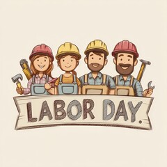 Cartoon Style Workers Smiling and Holding Tools in Helmets Celebrating Labor Day with a Cheerful Expression in a Playful Artistic Representation