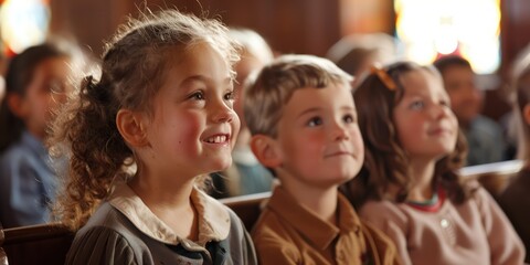 Fototapeta premium A young girl with curly hair and a boy with short hair are sitting in a church, both wearing brown shirts, with a stained glass window in the background.