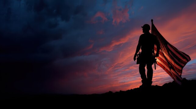 Construction Worker Silhouette Holding American Flag Against a Stunning Sunset Background, Capturing a Moment of Patriotism and Hard Work in a Natural Landscape