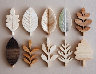Nine wooden leaf-shaped decorations