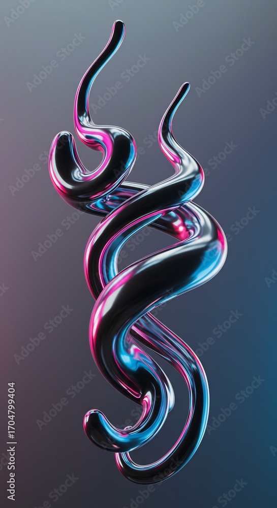 Poster a 3d render of a dynamic liquid chrome swirl reflecting vibrant neon pink and blue light. futuristic