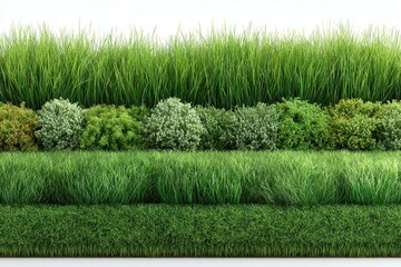 Assortment of lush ornamental grasses and shrubs in square pots displayed against a bright white background, offering a variety of textures and shades of green
