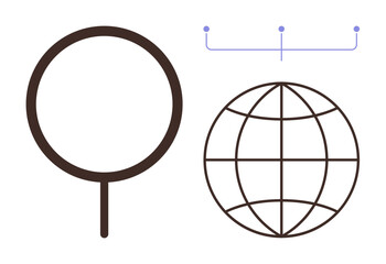 Magnifying glass and globe interconnected by data points suggest research, global search, connectivity, exploration, online navigation, innovation, and network analysis. Ideal for education