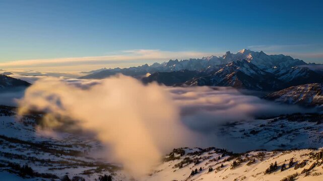 Majestic Mountains Piercing Through Serene Sea of Clouds on a Sunny Winter Day