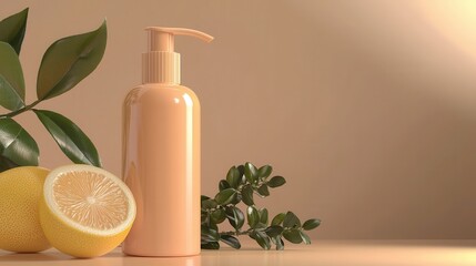 A sleek cosmetic bottle sits beside a fresh lemon and green leaves, creating a minimalist and natural aesthetic.