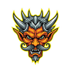 An illustrated orange devil head with grey horns a curled mustache and sharp fangs.