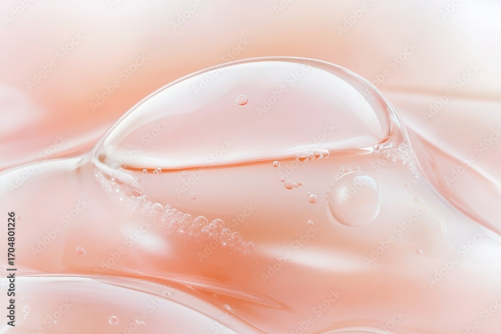 Poster a close-up of soft, translucent bubbles in a pink, fluid substance, creating a calming and dreamy vi