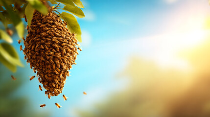 Honey bees clustered on tree branch hive
