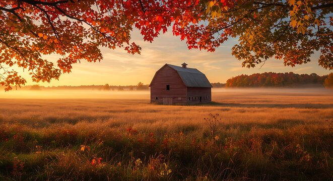 Golden hour mist blankets a serene autumn field with a classic red barn, framed by brilliant fall leaves, creating a tranquil rural landscape.