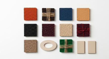 Fototapeta premium Textured Square Tile Collection with Natural Fiber Accents A Contemporary Design Display Showcasing Various Colors and Materials for Interior Decoration