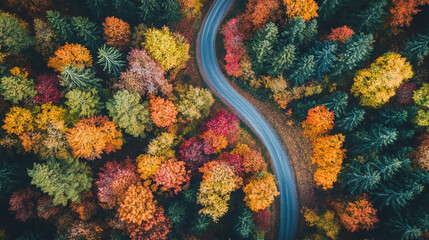 Winding Road Through Vibrant Autumn Forest