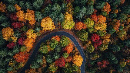 Winding Road Through Vibrant Autumn Forest