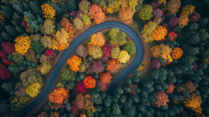 Winding Road Through Vibrant Autumn Forest