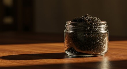 Caviar in Jar on Wooden Table
