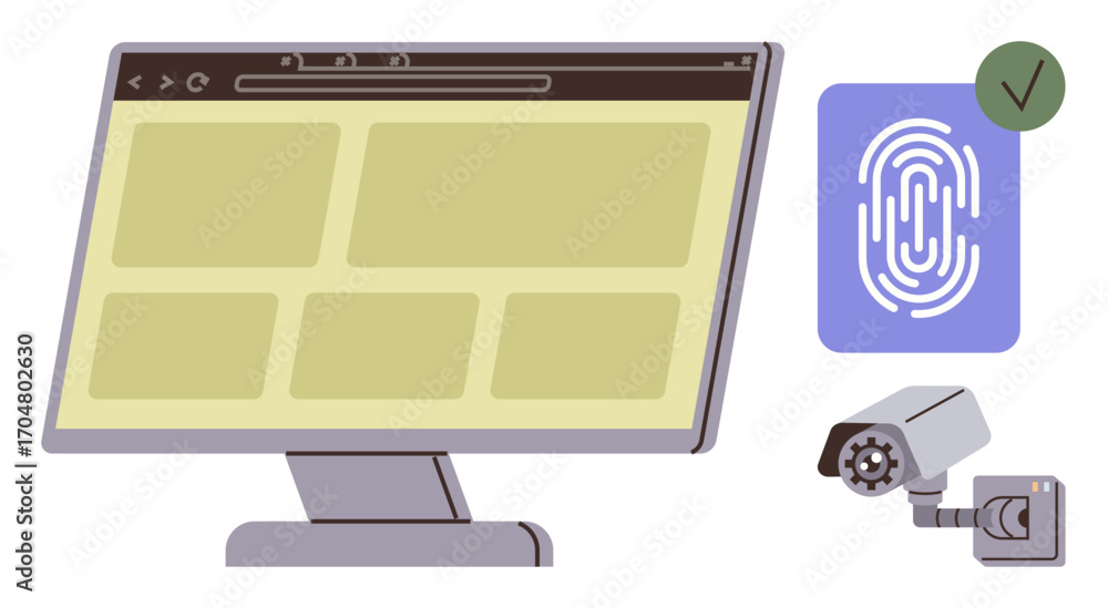 Aufkleber computer monitor with web interface, fingerprint id icon with checkmark, surveillance camera. ideal 